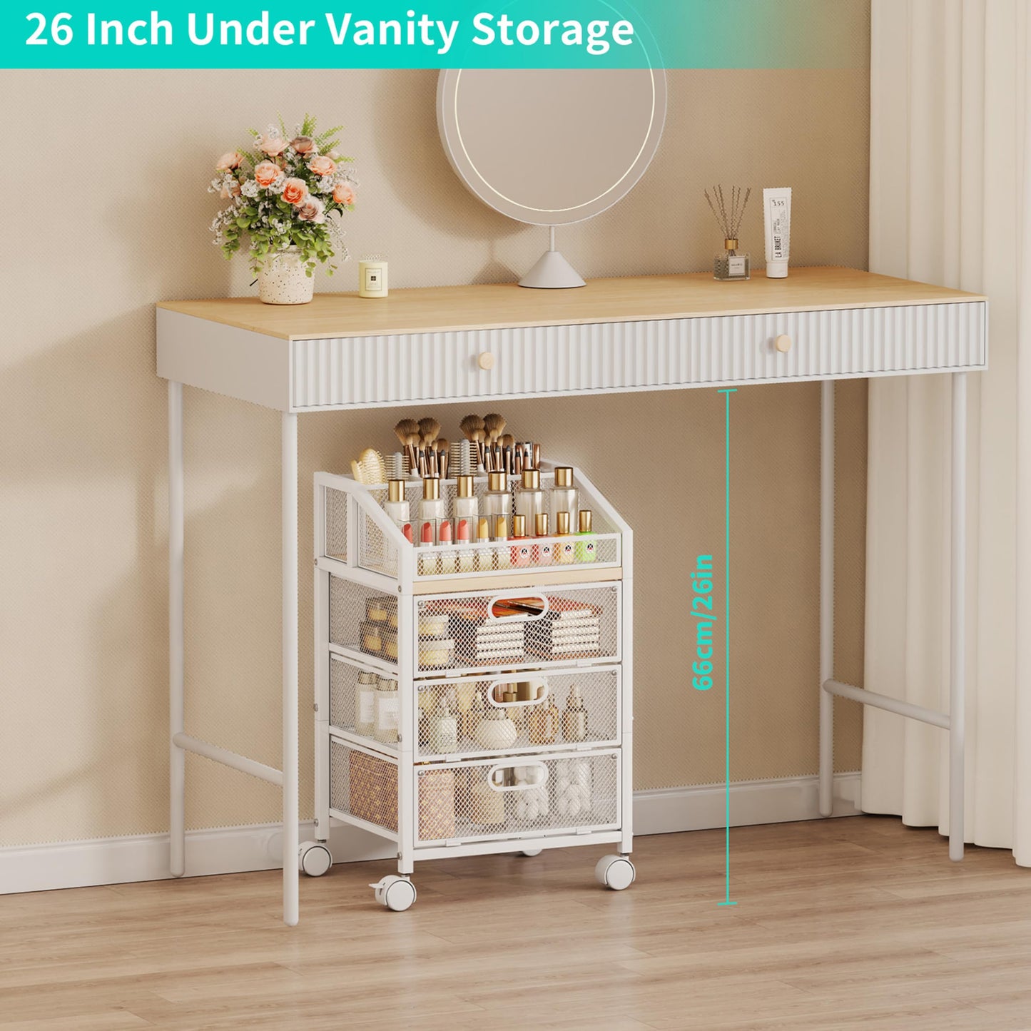 HapiRm Rolling Makeup Cart Organizer - Under Desk Makeup Storage with Wheels, Floor Make up Cart Skincare Organizers Desk Vanity Storage Organizer Cabinet for Cosmetics Makeup Brush Hair Tool, White