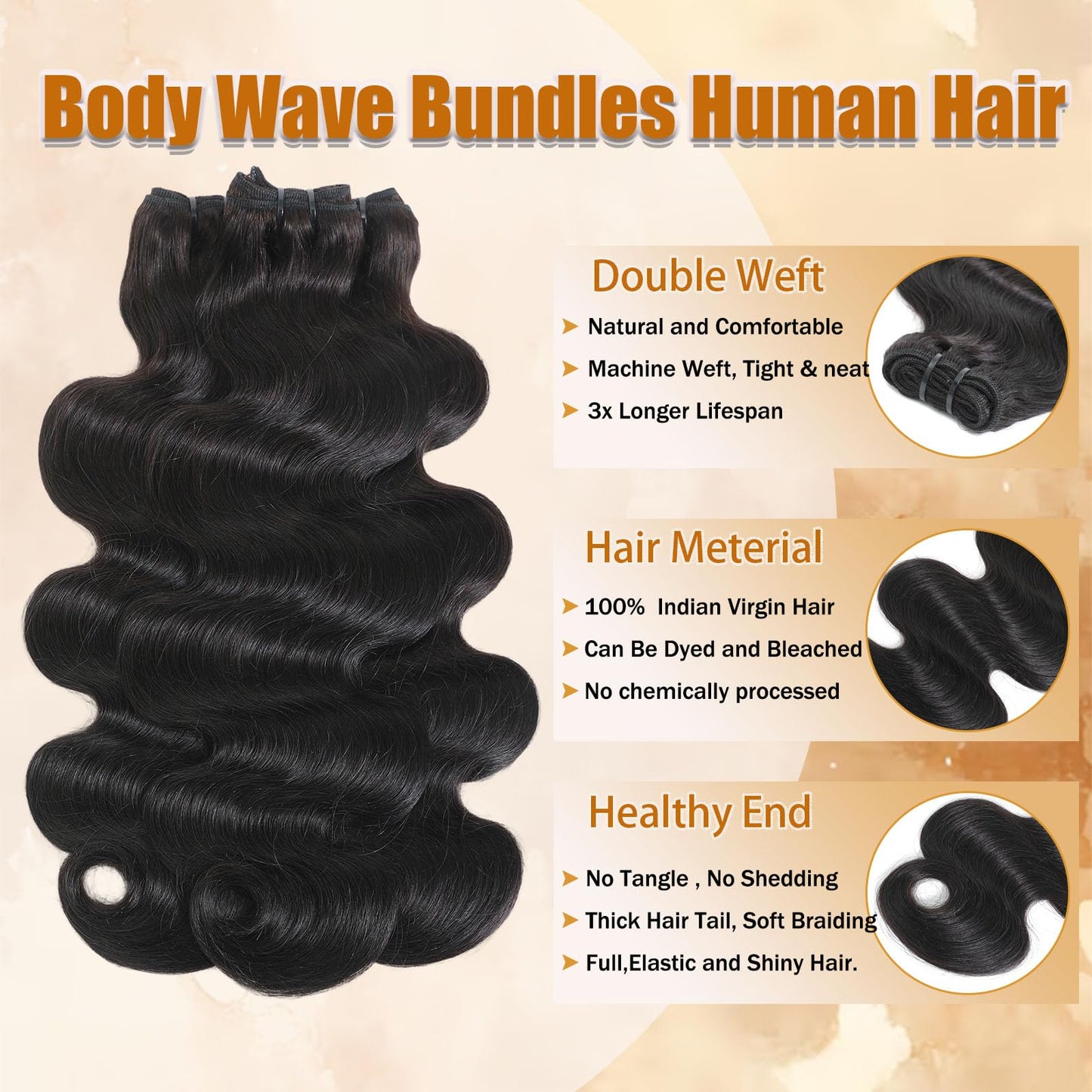 16A Raw Body Wave Bundles Human Hair 18 20 22 Inch Virgin Hair Extensions Triple Lifespan,Intact and Aligned Cuticle avoid Tangle, Double Layer Weft Virgin Hair Extensions Thick Weave Reusable