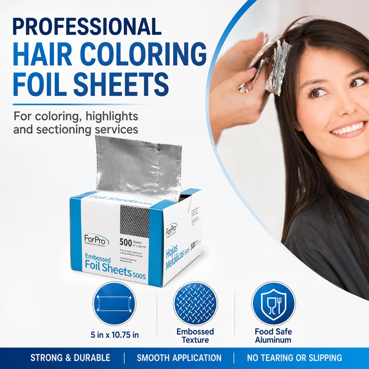 ForPro Professional Embossed Pop-Up Hair Foil Sheets for Salon Hair Color & Highlights, Pre-Cut Aluminum Foils, Non-Slip Embossed Texture, 5" W x 10.75" L, 500-Count
