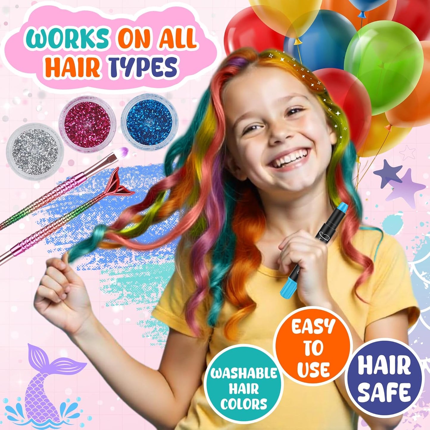 Dustless Hair Chalk for Girls - Washable Temporary Color Dye with Clip-In Extensions & Brushes | Perfect Gift for Teens 7-14 Years Old