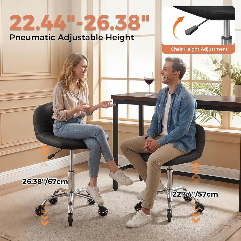 Height Adjustable Rolling Stool Chair - Comfortable PU Leather Cushion | Ideal for Home Office, Salon, Garage, Black