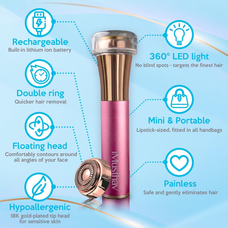 iMusthav Facial Hair Removel for Women, Type-C Rechargeable Painless Flawless Electric Facial Hair Remover, Face Shaver Razor Trimmer with 18K Gold-Plated, 20mm Dual Ring Floating Head, 360°LED