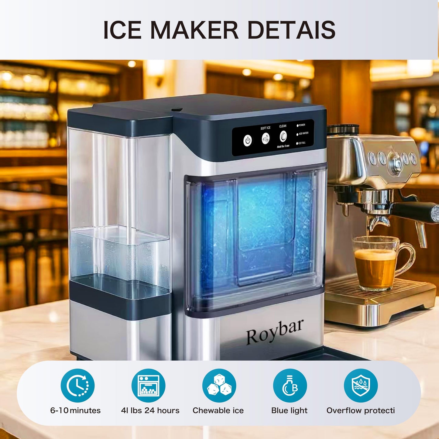 Large Capacity Nugget Ice Makers Countertop One-Click Operation Self-Cleaning Portable Ice Maker 41lbs/24H with There is A Detachable 0.8 Gallons Water Tank Ice Machine for Home,Office