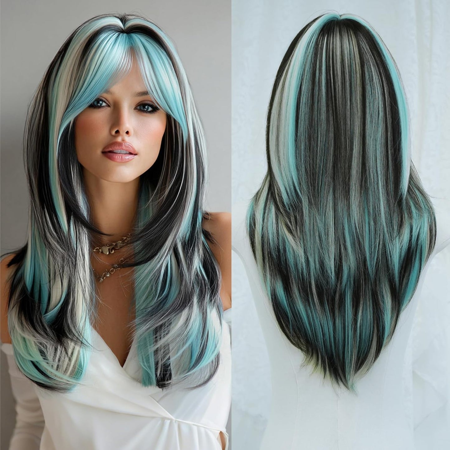 Long Natural Black Wig with Bangs - Heat Resistant Synthetic Hair for Daily Wear