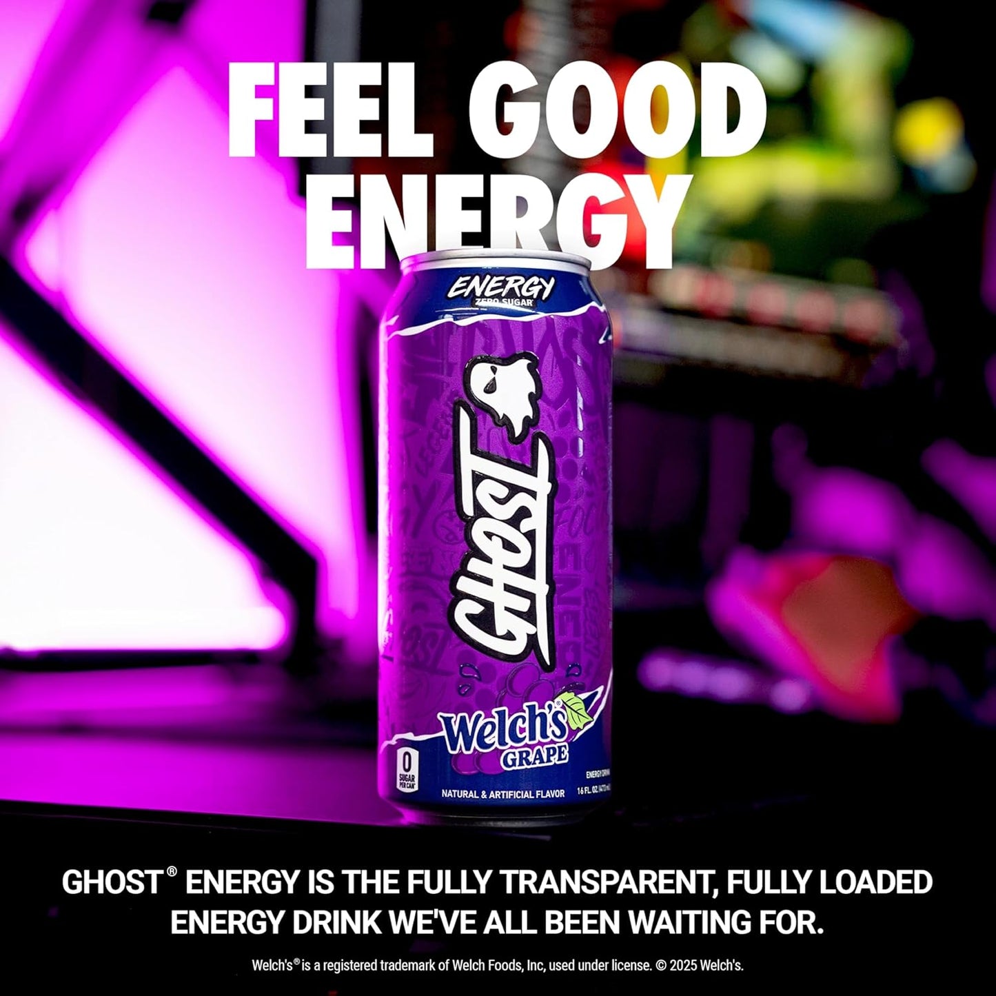 GHOST Energy Drink - 12-Pack Welch's Grape 16oz Cans | Natural Caffeine, Vegan & Gluten-Free Energy Boost