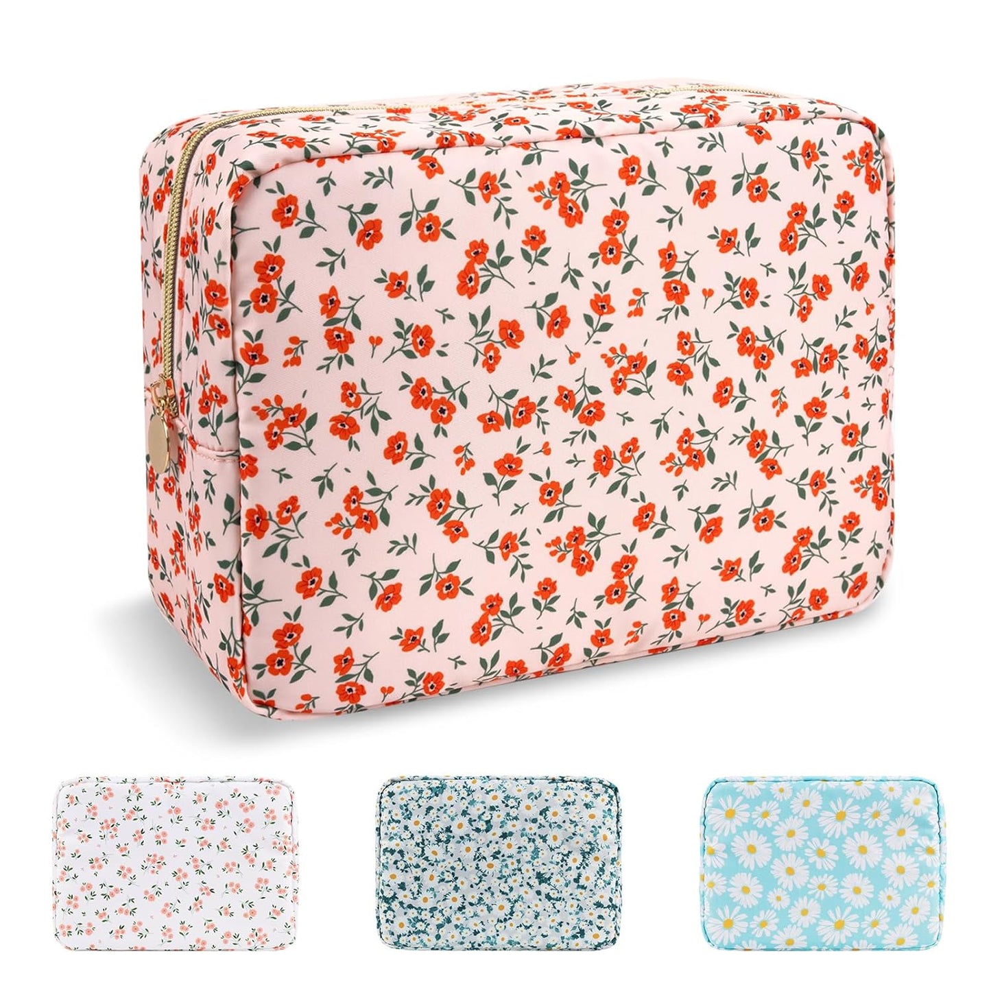 Waterproof Mini Floral Makeup Bag - Nylon Travel Pouch for Women | Cute Zipper Toiletry Organizer (Mini White-Flowers)