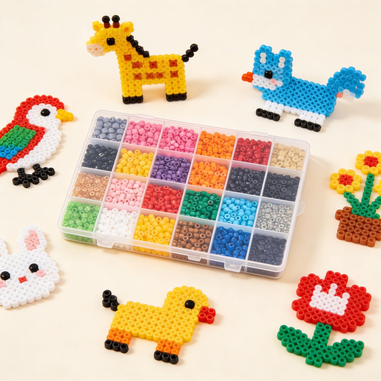 7200 pcs Fuse Beads Kit,2.6mm Mini DIY Craft Puzzle with 1 Color Card,24 Vibrant Colors,1.5 High Box with Approx 300 Beads per Grid,Pixel Art Craft Supplies for Adult Crafters