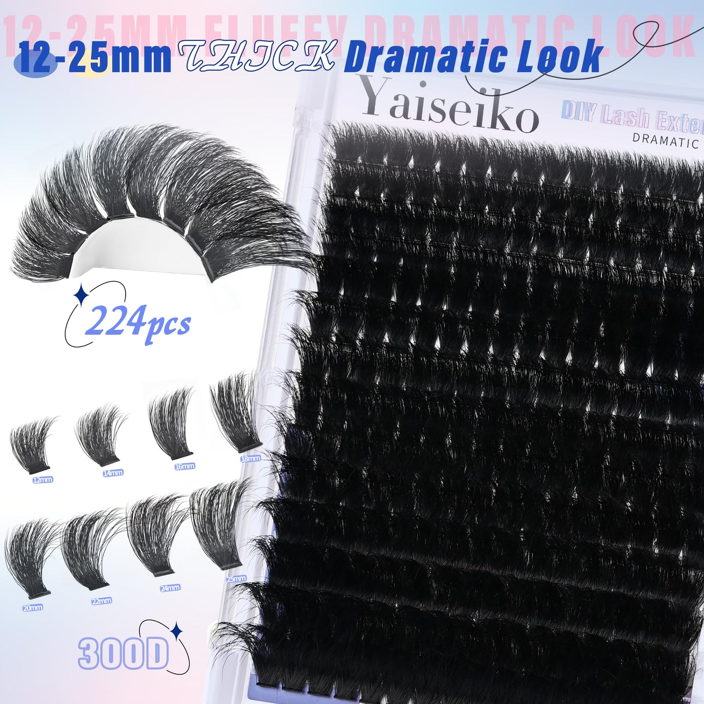 300D Lash Clusters Extensions Mega Cluster Eyelash Lashes 224 Pcs Thick Volume D Curl Wispy Individual Lashes DIY Lash Extension 12-25MM False Eyelashes Makeup at Home Replacement for Yaiseiko