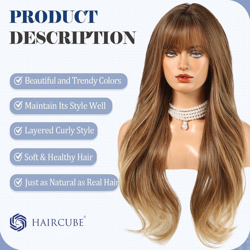 Long Ombre Brown Wig with Bangs - Layered Curly Synthetic Hair for Women | Daily Wear