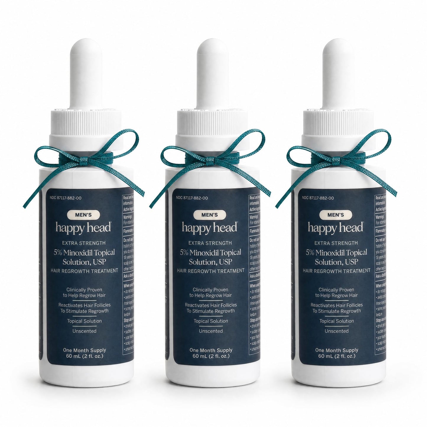Happy Head Minoxidil Topical Hair Serum 5% Solution for Men, Hair Growth Support Formula, Unscented Scalp Application for Daily Use at Home, 3 Month Supply with 3 Bottles 60 mL Each