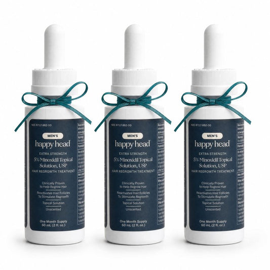 Happy Head Minoxidil Topical Hair Serum 5% Solution for Men, Hair Growth Support Formula, Unscented Scalp Application for Daily Use at Home, 3 Month Supply with 3 Bottles 60 mL Each