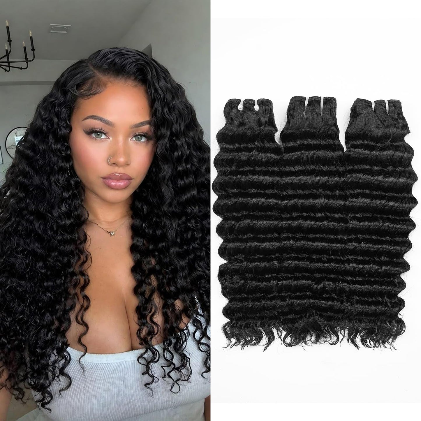 WEQUEEN Human Hair Bundles Deep Wave 16A Brazilian Virgin Hair 16 18 20 Inch, Wet And Wavy Bundles, Flip Over Quick Weave 3 Bundles for Women