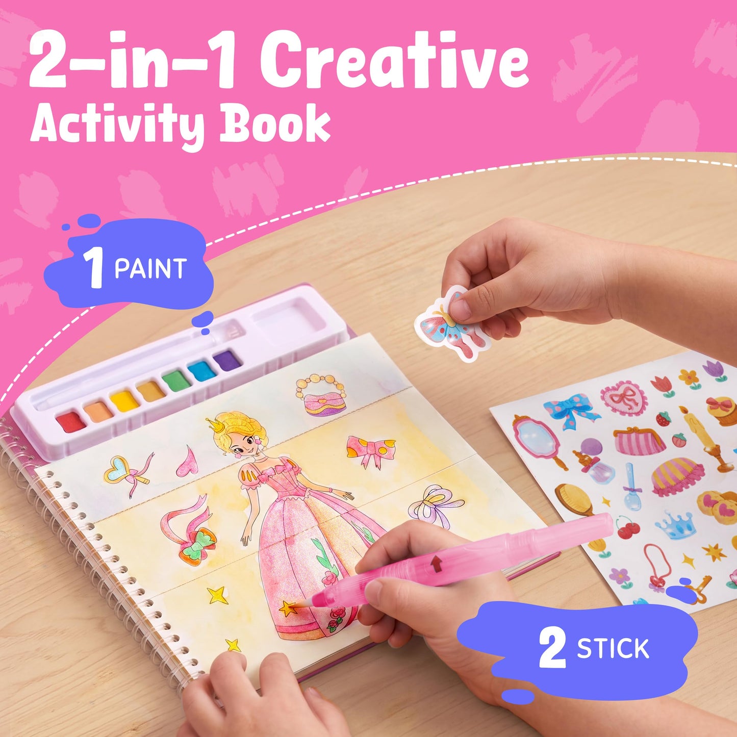 JoyCat Mix & Match Paint with Water Coloring Books, Watercolor & Sticker Activities - 150 Pcs Stickers for Kids Ages 3-8, Toddler Painting Sets Art & Craft Drawing Toy Gifts for Boys Girls (Princess)