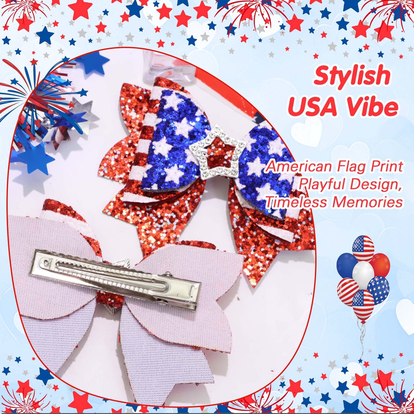 FARSYOD Fourth of July Hair Bow Glitter Patriotic Bows American Flag Print Bowknot Barrettes Sparkly Red White Blue Hairpin Cute Hair Accessories for 4th of July Independence Day