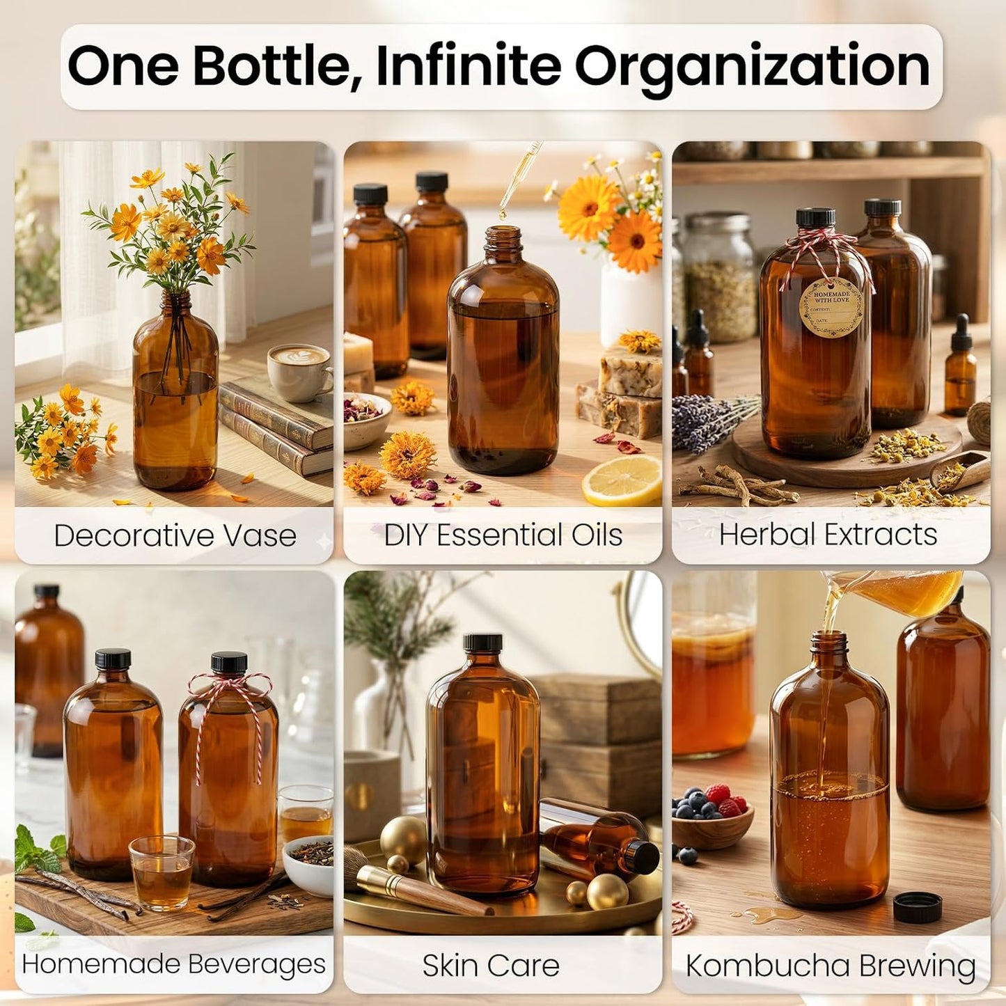 Amber Glass Boston Round Bottles - 32 oz | 4 Pack Leakproof Storage for Kombucha, Extracts & Oils