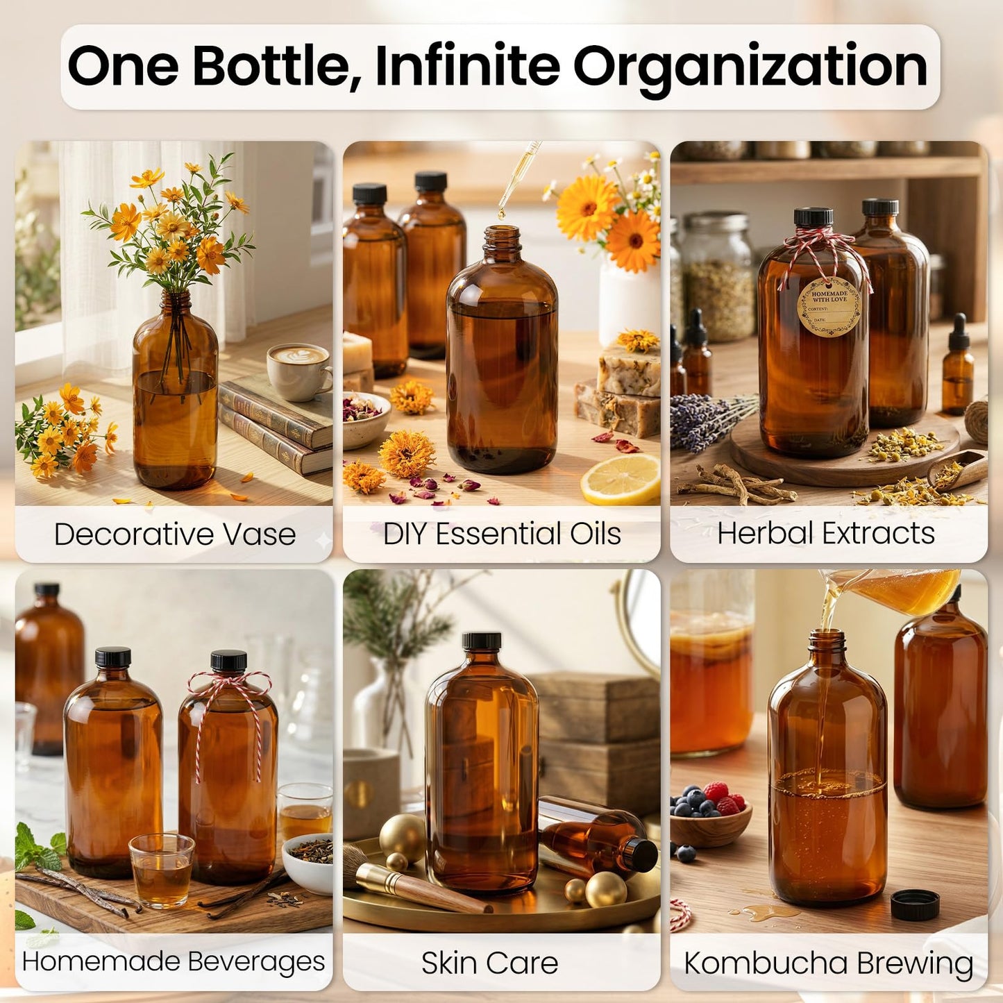 TBWIND 4 Pack 32oz Amber Glass Boston Round Bottles with Airtight Caps