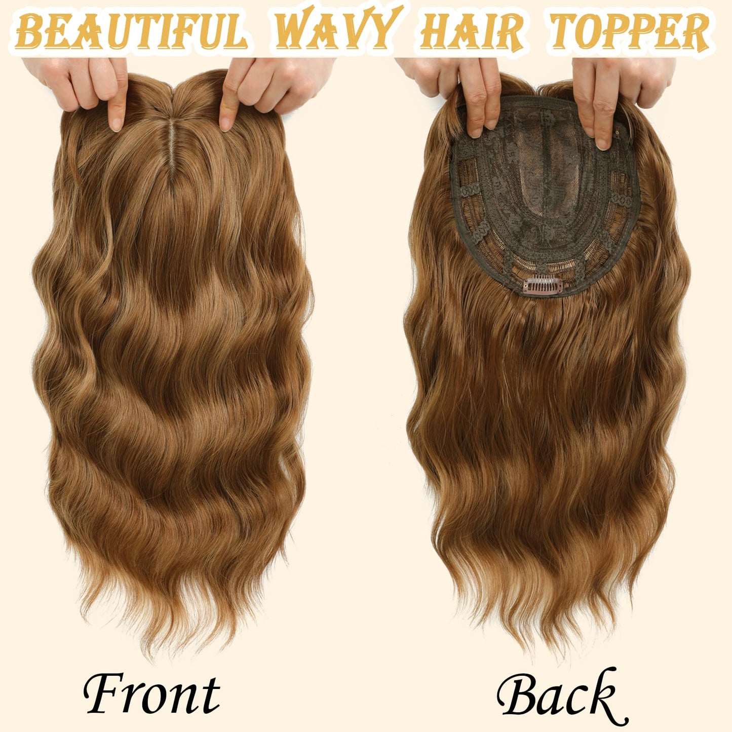 16 Inch Hair Topper for Women with Thinning Hair, Synthetic Curly Wavy Clip-In Topper with Wispy Bangs Natural Looking Crown Coverage Lightweight Hair Piece for Volume(Honey Brown)