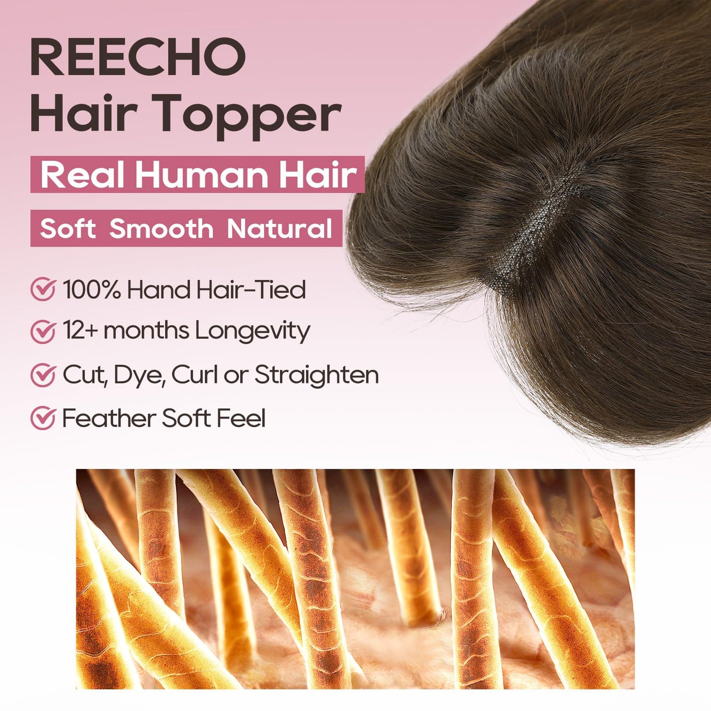 REECHO Hair Toppers for Women Real Human Hair, Seamless Human Hair Toppers with Bangs, 360° 3D Cover Clip in Bangs Hair Extensions for Daily Wear, Chocolate Brown
