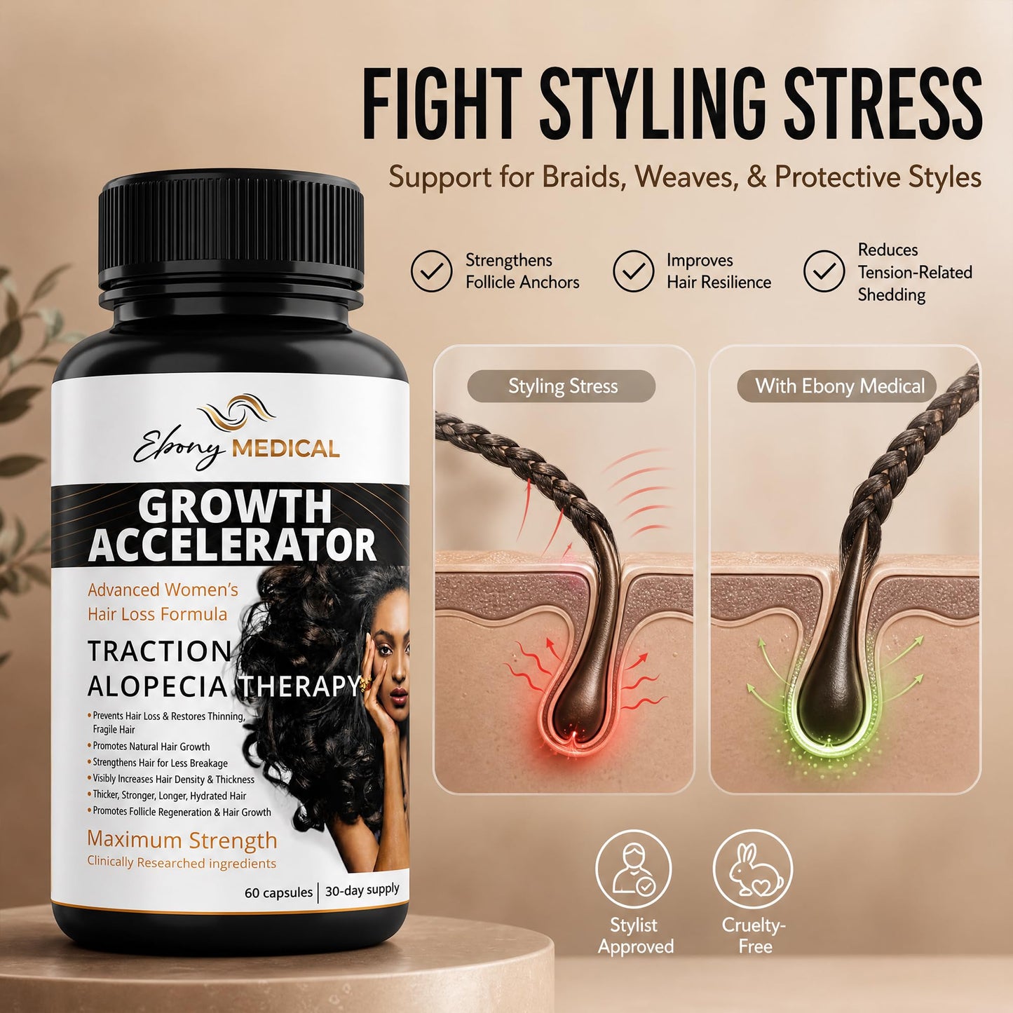 Ebony Medical Hair Support Supplement for Women of Color – Thinning Hair & Traction Alopecia Support – Keratin Boost, Follicle Nourishment, and Hair Strength Vitamins – 30-Day Supply