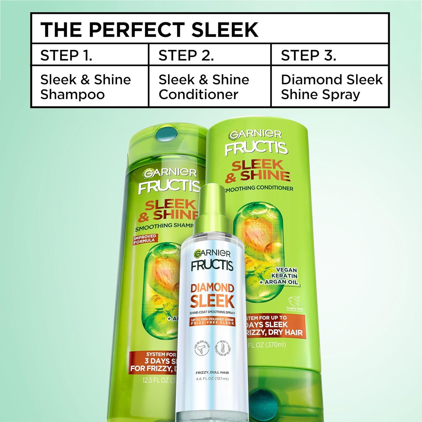 Garnier Fructis Diamond Sleek Hair Shine Spray | 100-Hour Frizz Control & Heat Protectant with Vegan Keratin, 4.6 Fl Oz