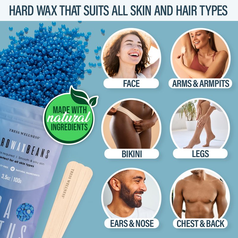 Tress Wellness Award Winning Waxing Kit for Sensitive Skin – Safe for Face & Skin, Easy to Use – At-Home Kit for Face, Bikini, Brazilian & Full Body - Digital Display, Blue Water