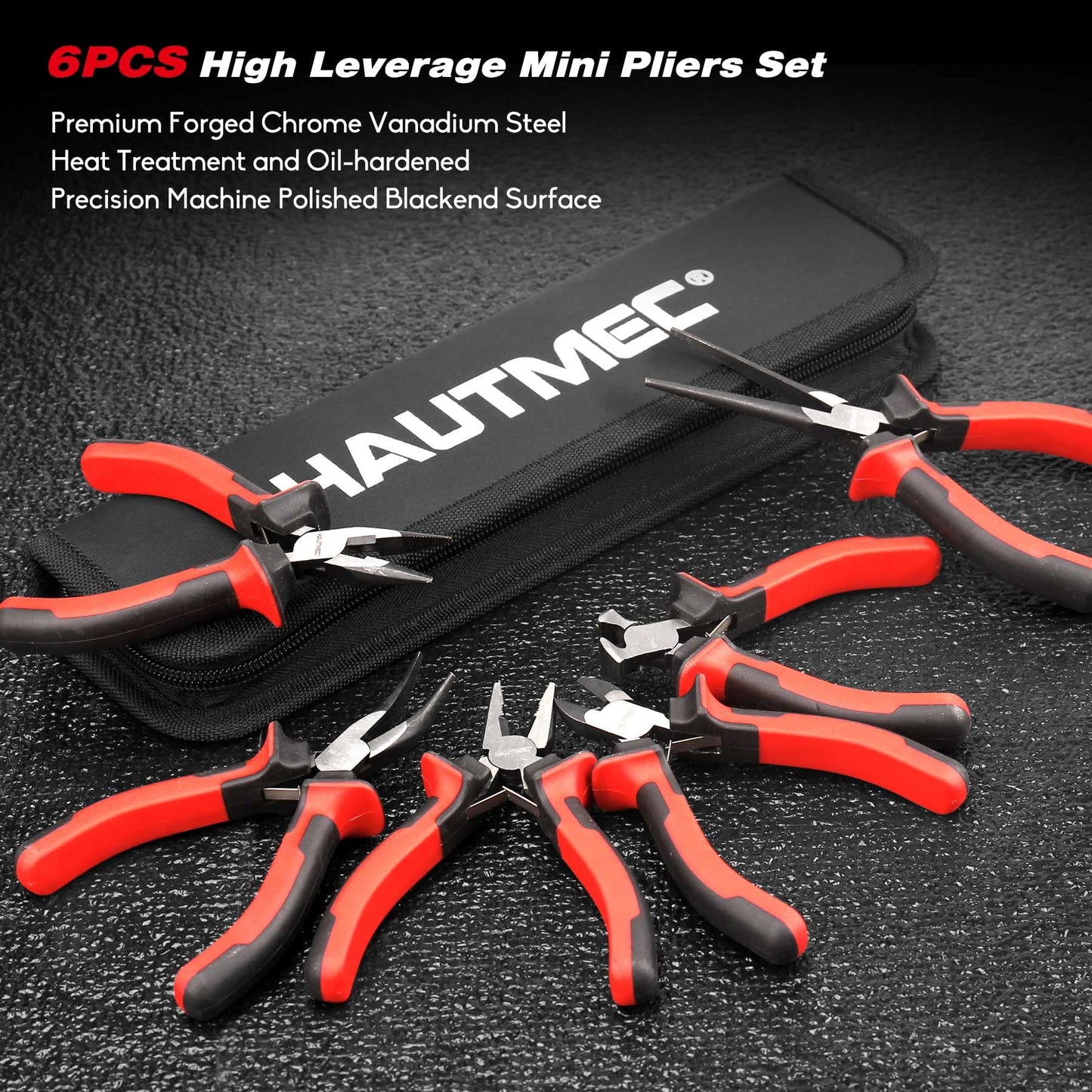 HAUTMEC 6PCS Mini Pliers Set High Leverage Multi Small Pliers Tool Set with Small Needle Nose Pliers Set, Linesman, Long Nose, Bent Nose, Diagonal Cutters, End Cutting Plier for Jewelry and Electronic