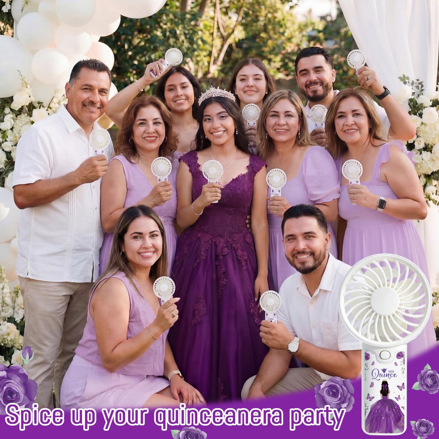 Tuanse 25 Set Recuerdos Para 15 Años Quinceañeras Quinceanera Fan Party Favors Gifts for Guests Portable Handheld Electric Fans with Thank You Cards Organza Bags for Birthday Decor Guests(Purple)
