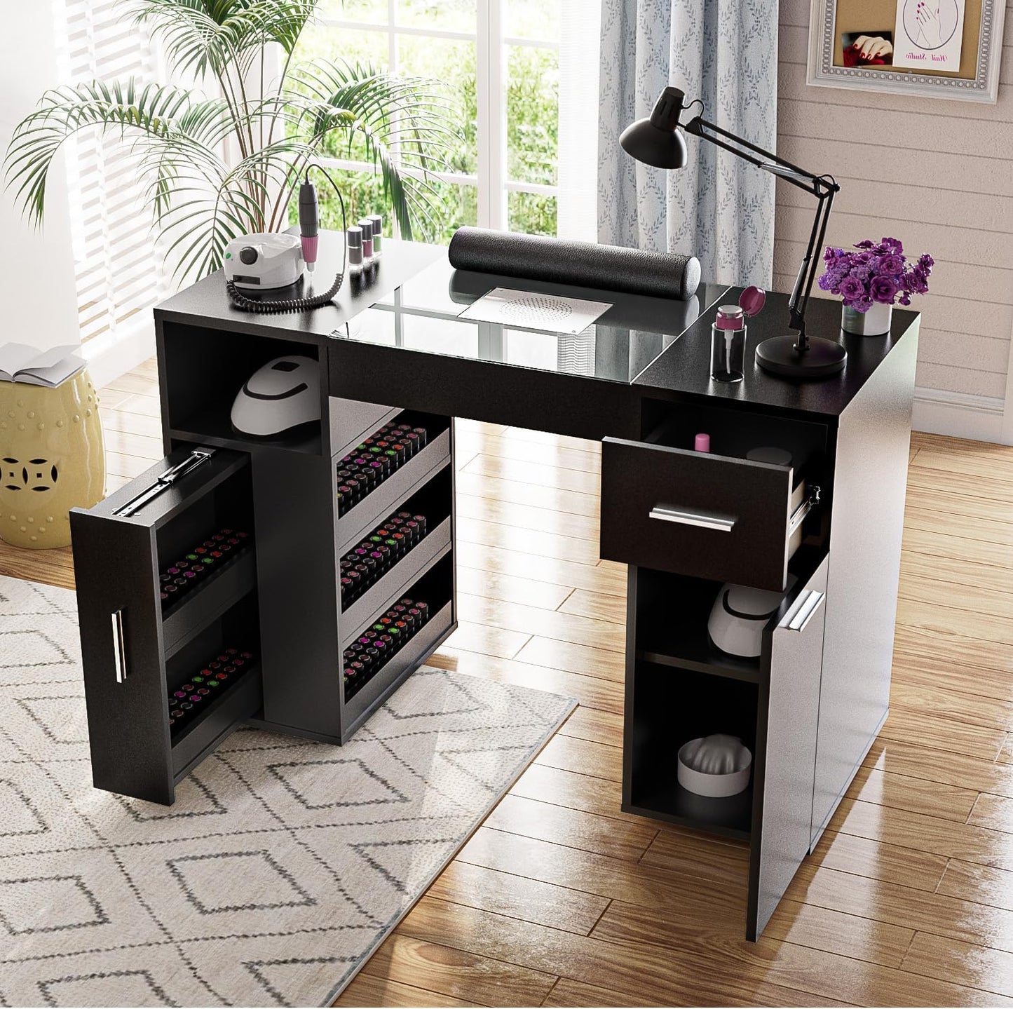 Manicure Table - Nail Desk with Glass Top & Wrist Rest | Acetone Resistant Beauty Station, Black