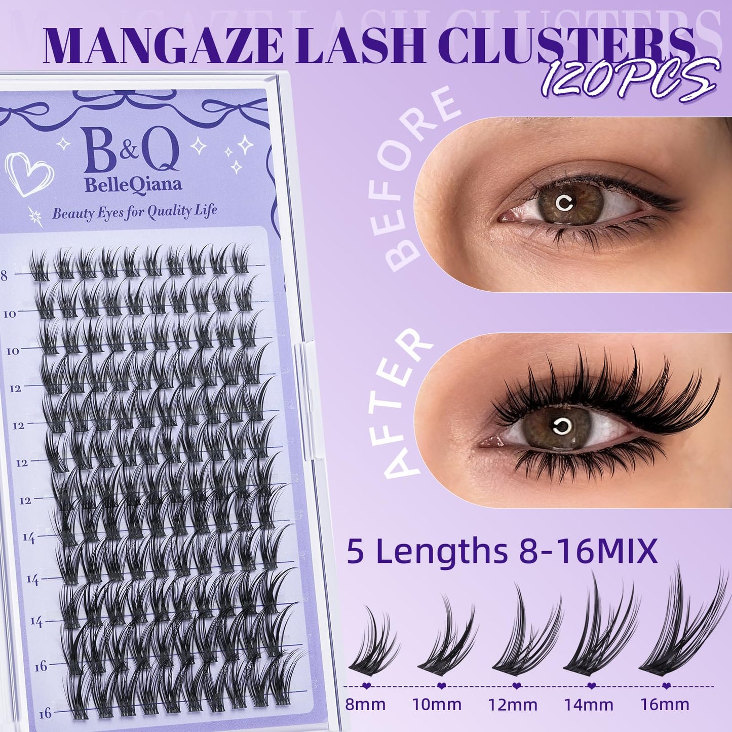 B&Q Manga Lash Clusters with Bottom Lashes 120PCS DIY Cluster Eyelash Extensions Wispy Cat Eye Lash Clusters with Spikes Soft Fairy Lash Cluster for Anime Eye Look（Mangaze 02）