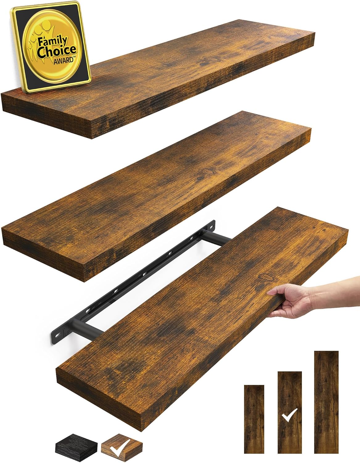 Floating Shelves Set of 2 - Rustic Wood Wall Mounted | 22.5 Inches for Bathroom, Bedroom, Living Room, Kitchen - 22lbs Capacity, Rustic Brown