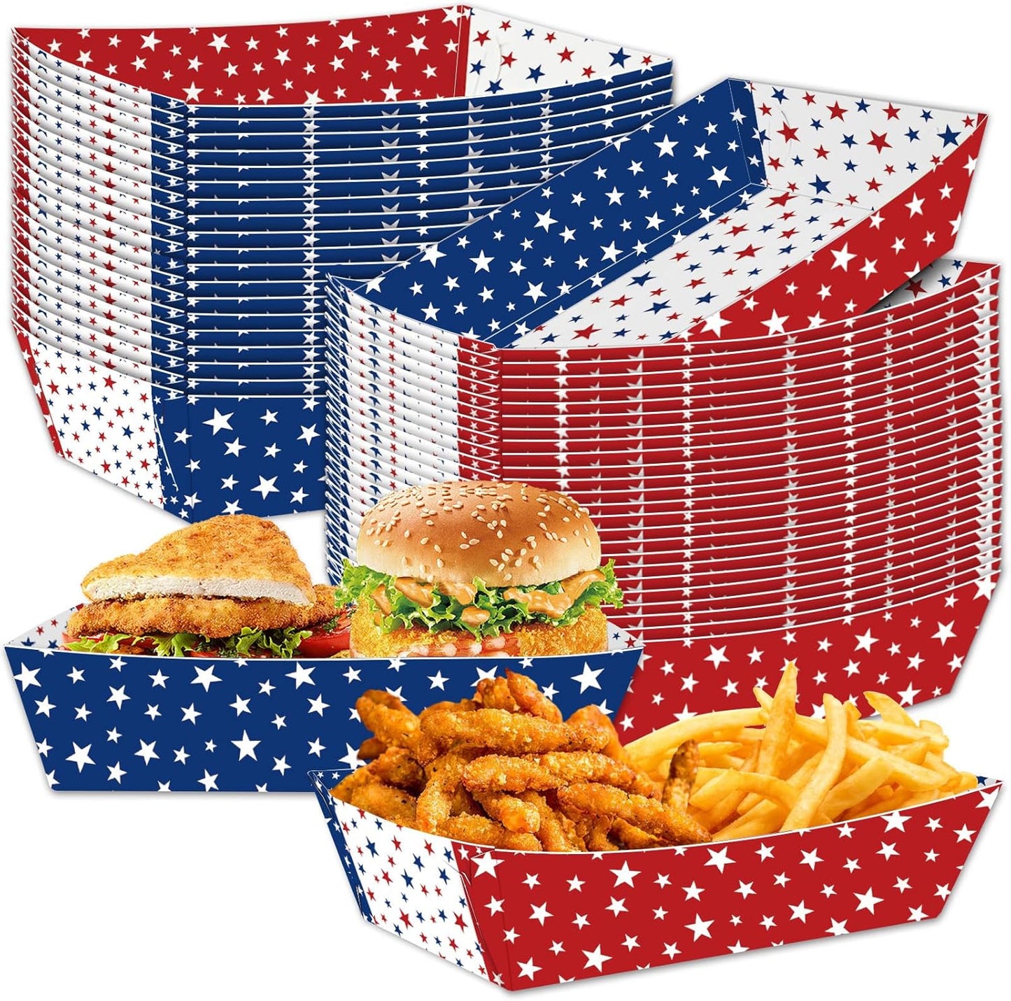 Disposable Paper Serving Trays - 30 Pack Red, White & Blue Star Design for Popcorn, Snacks | Perfect for 4th of July, BBQs & Picnics