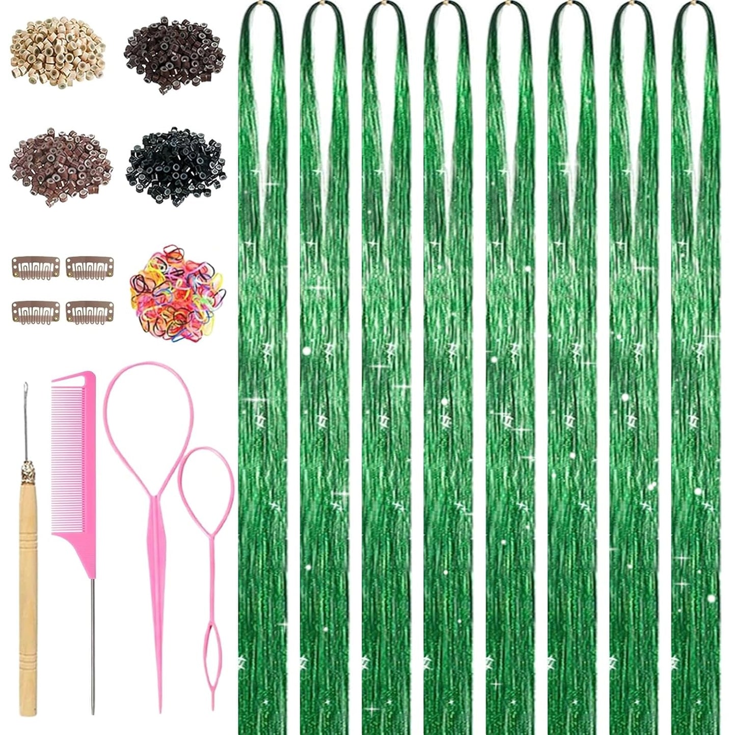 Colorful Hair Tinsel Kit - 8 Pcs 48-Inch Glitter Hair Extensions for Parties & Festivals | 3200 Strands
