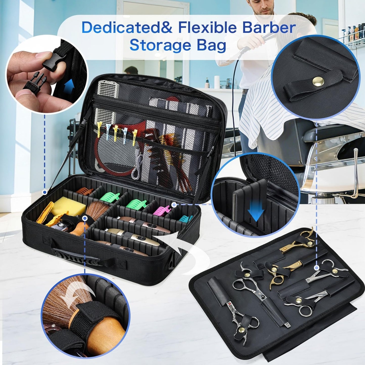 Yueieoun Professional Barber Clipper Case Organizer Bag with Adjustable Dividers, Detachable 6-Slot Scissors Panel, Travel Grooming Tool Storage - Fits Wahl/Andis/Hatteker