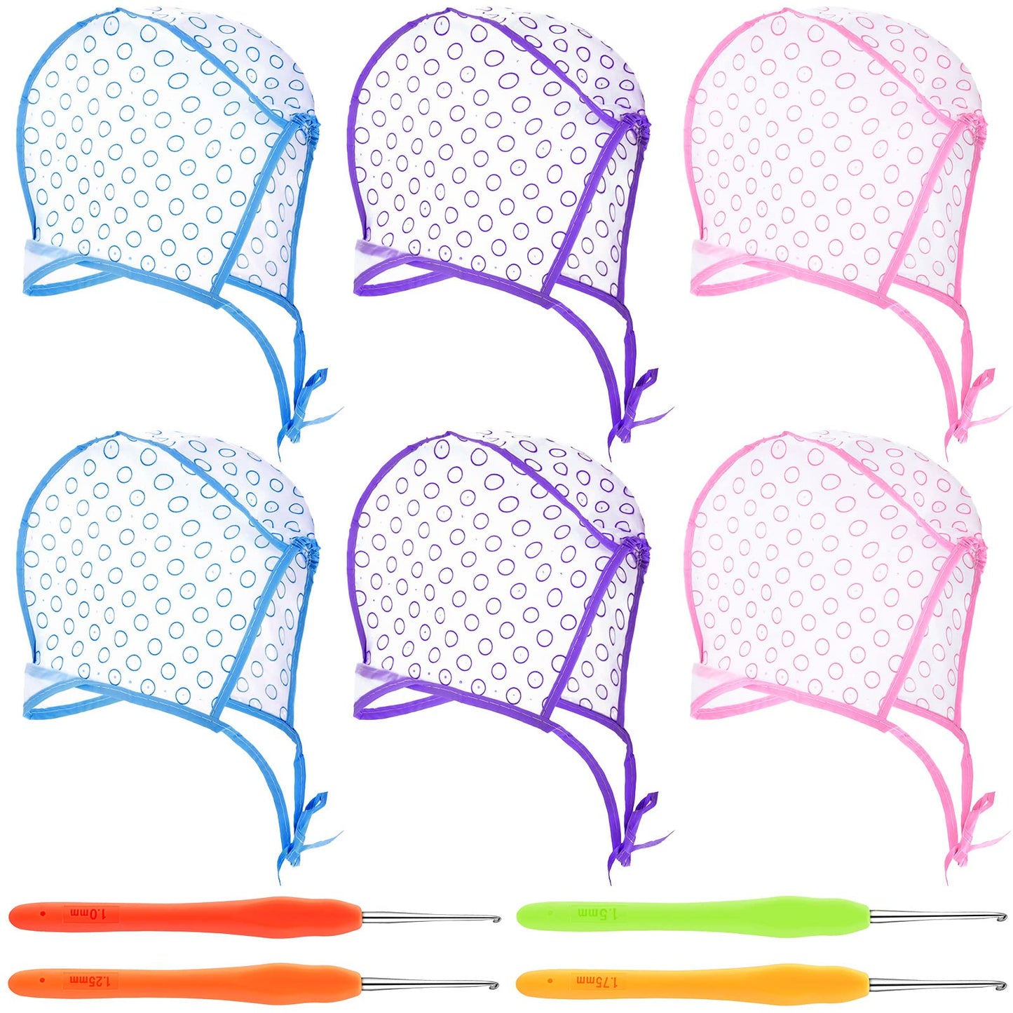 Waydress 6 Pieces Highlight Hair Cap Salon Hair Coloring Highlighting Dye Tipping Cap Frosting Caps with 4 Pieces Highlighting Needles Crochet Hooks for Dyeing Hairdressing Tool(Purple/Blue/Pink)