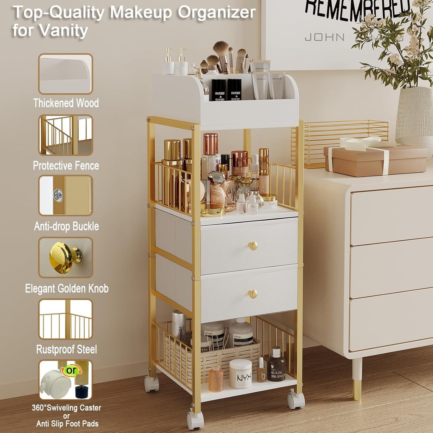 Makeup Organizer Cart - Large Skincare & Makeup Stand with Drawers | Gold Vanity Storage