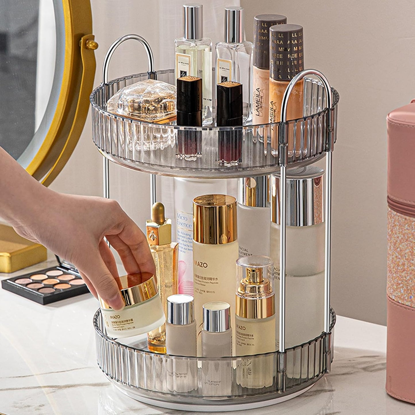 Rotating Makeup Organizer - 3 Tier Clear Cosmetic Holder for Vanity | Grey Perfume & Skincare Storage