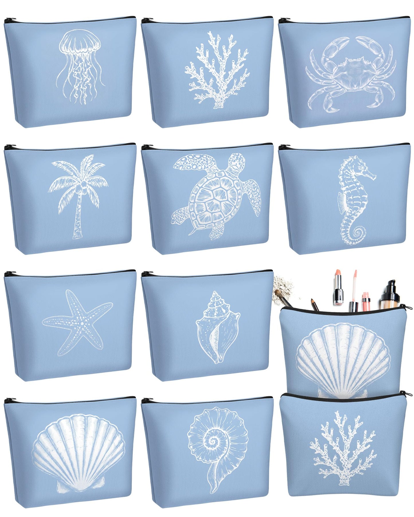 Bulyoou 10 Pcs Ocean Themed Blue Cosmetic Bags Bulk Zipper Pouch Makeup Bag for Women Girls Sea Weekend Travel Vacation Trip Gifts Supplies Nautical Party Favors Beach Accessories