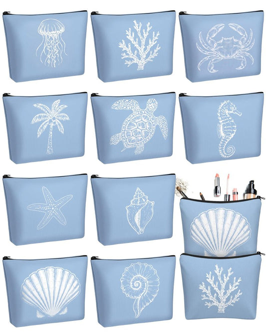 Bulyoou 10 Pcs Ocean Themed Blue Cosmetic Bags Bulk Zipper Pouch Makeup Bag for Women Girls Sea Weekend Travel Vacation Trip Gifts Supplies Nautical Party Favors Beach Accessories