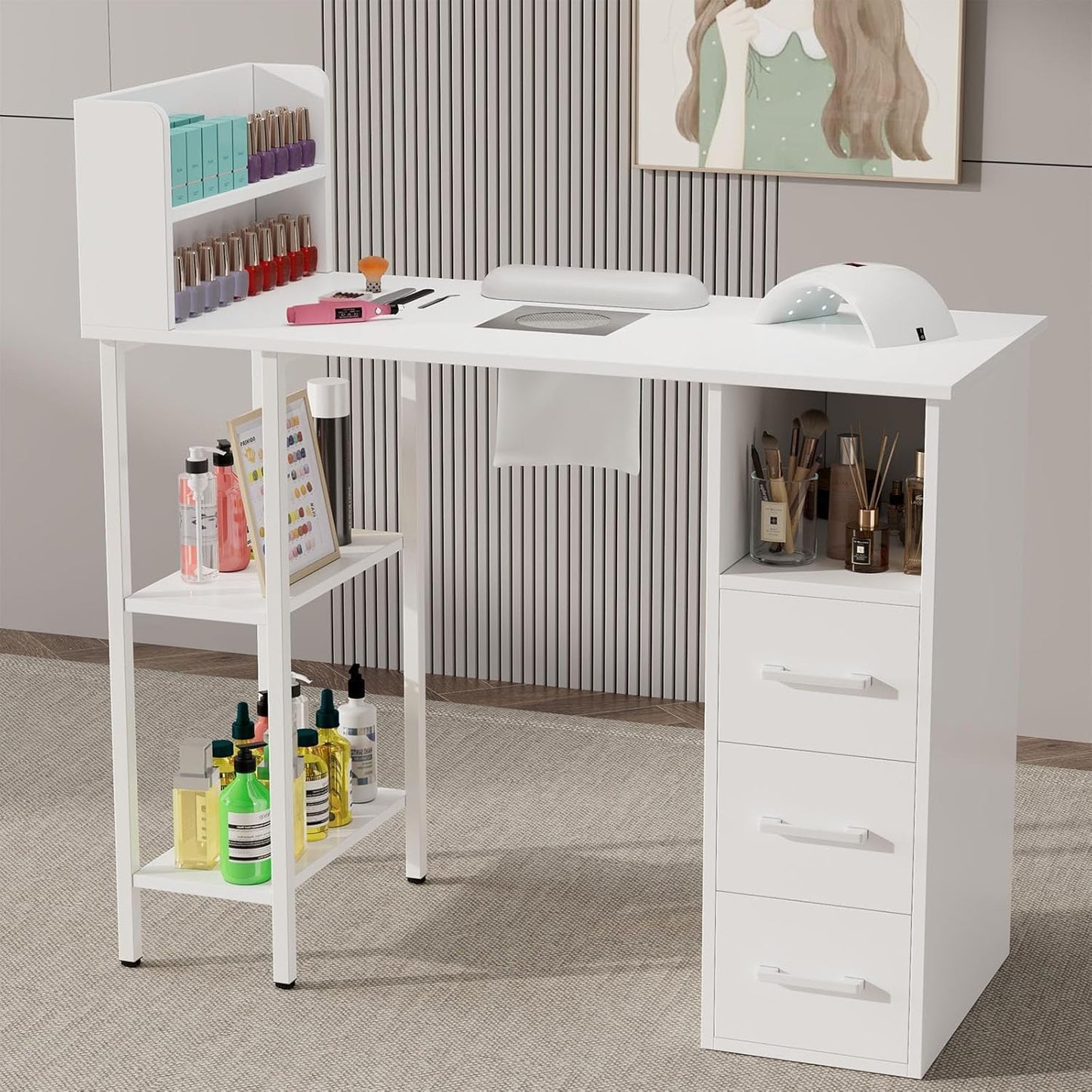 Nail Desk - Electric Dust Collector Manicure Table with 3 Drawers & 2-Tier Cabinets | White Salon Station