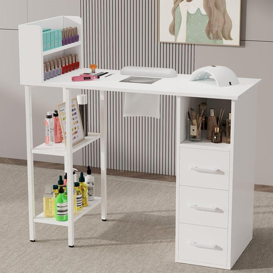 Nail Desk - Electric Dust Collector Manicure Table with 3 Drawers & 2-Tier Cabinets | White Salon Station