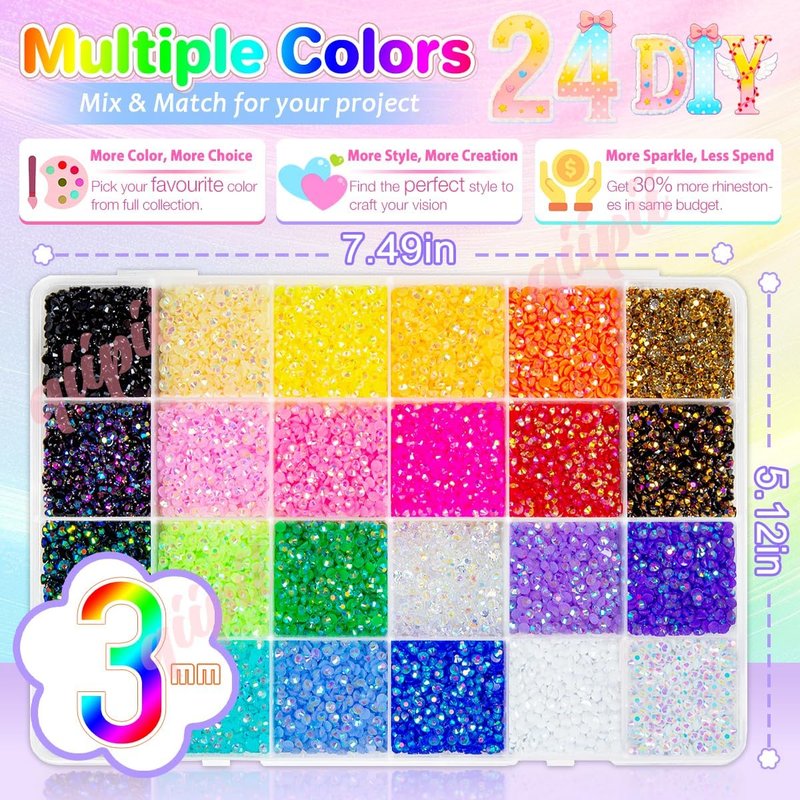 24 Color 13800pcs 3mm Jelly Resin Rhinestones - Colorful AB Gems for Nail Art, Makeup, DIY Crafts & More