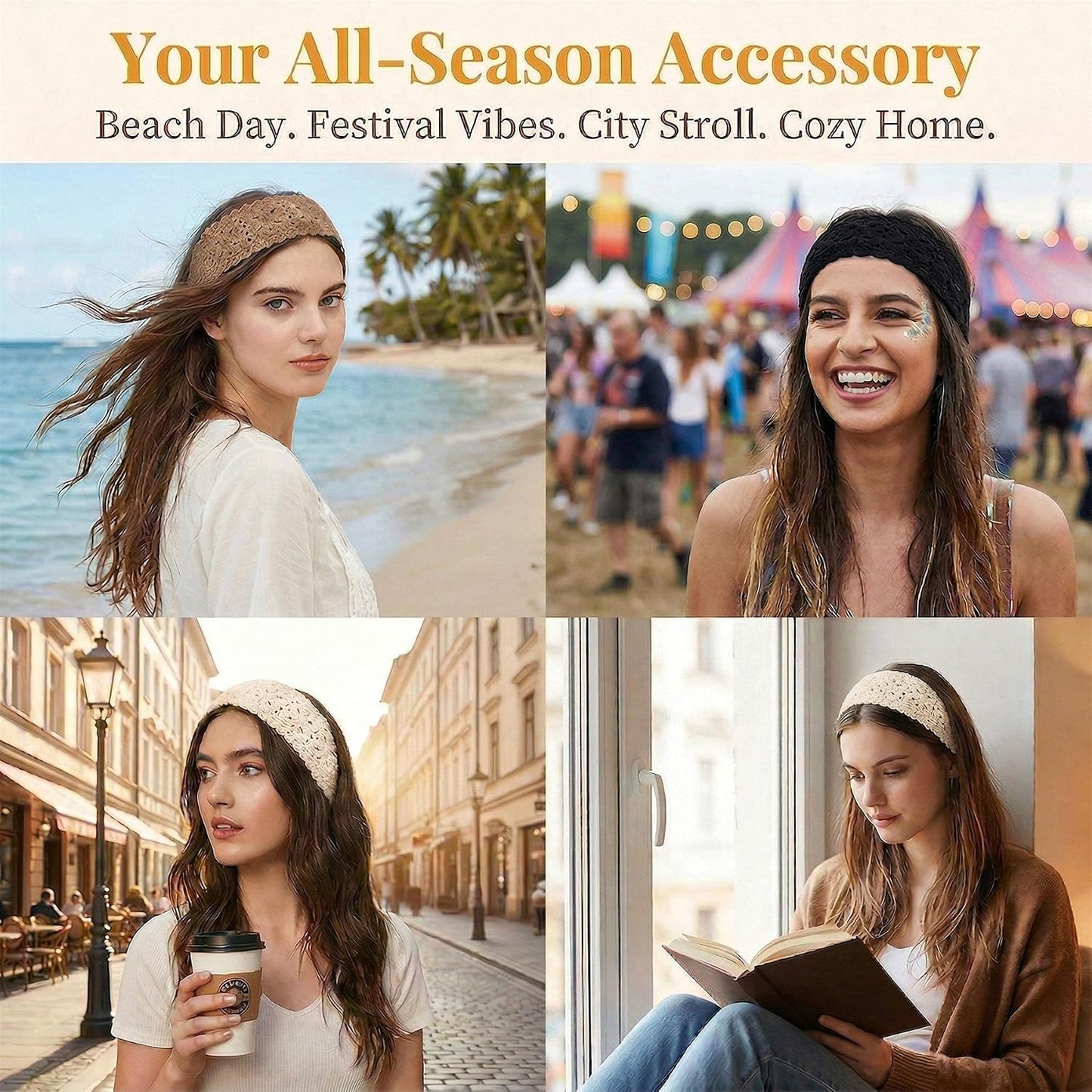 Boho Headbands for Women - 3 Pack Crochet Knit Hair Scarves | Stylish Hair Accessories