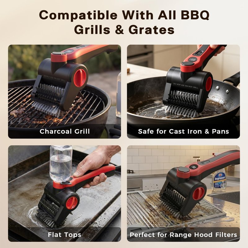 Nozrix Electric Grill Brush, 100W High Power Cordless BBQ Cleaner with 300ml Water Spray Tank, IPX8 Waterproof Automatic Scrubber for Gas Charcoal Grills, 2-Speed Rechargeable Power Brush with Scraper