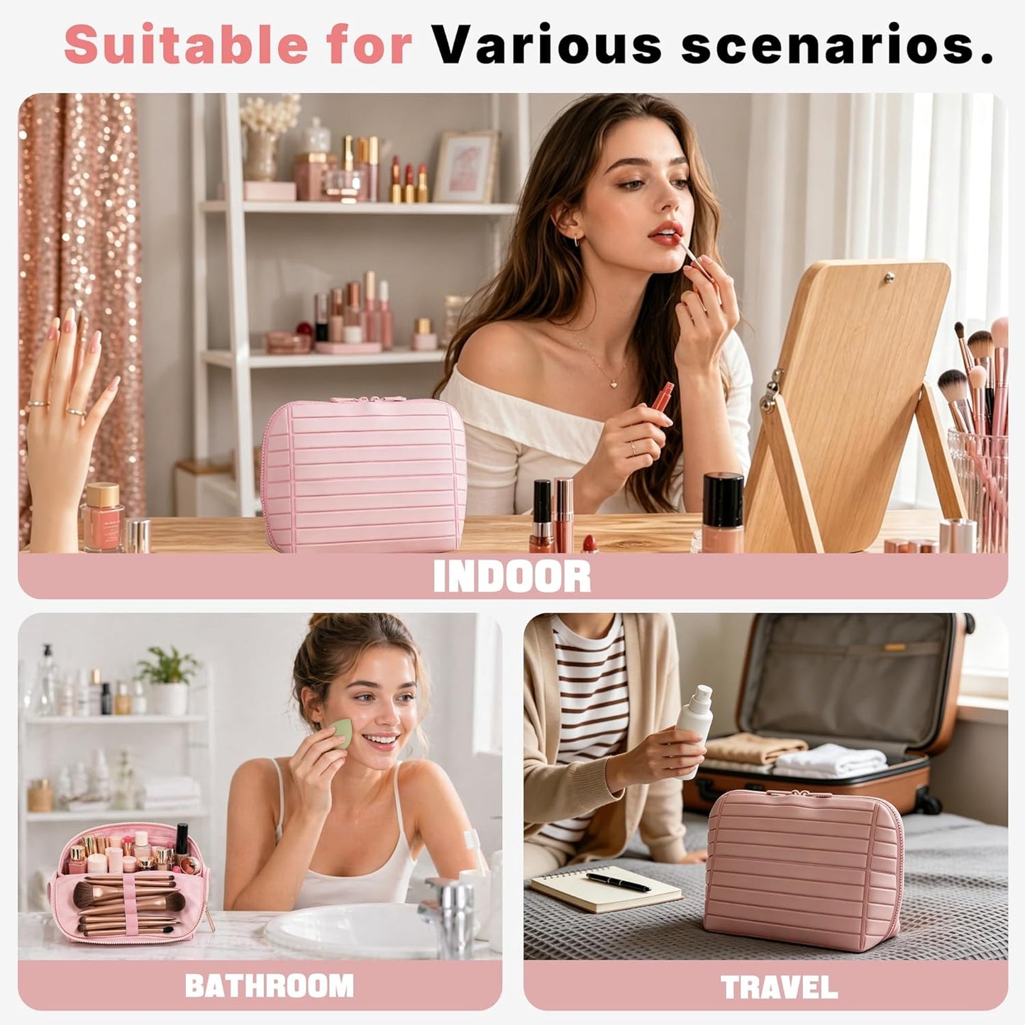 Travel Makeup Bag - Fold-Down Design with Adjustable Dividers | Brown Cosmetic Organizer