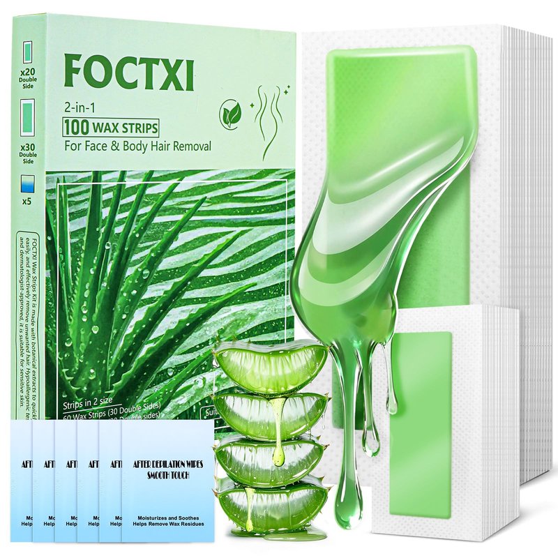 FOCTXI 100 PCS Wax Strips Kit, 40 Facial & 60 Body Waxing Strips for Face, Eyebrow, Bikini/Brazilian, Legs, Arms, Chest, Back Hair Removal + 5 Calming Oil Wipes, Gentle for Sensitive Skin, Men & Women