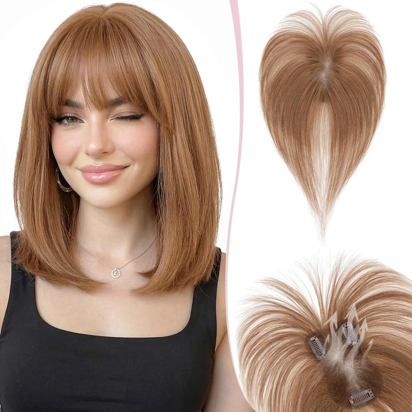 Real Human Hair Toppers for Women - Hand-Tied Clip-In Hairpieces with Side Bangs | 11-Inch Dark Brown