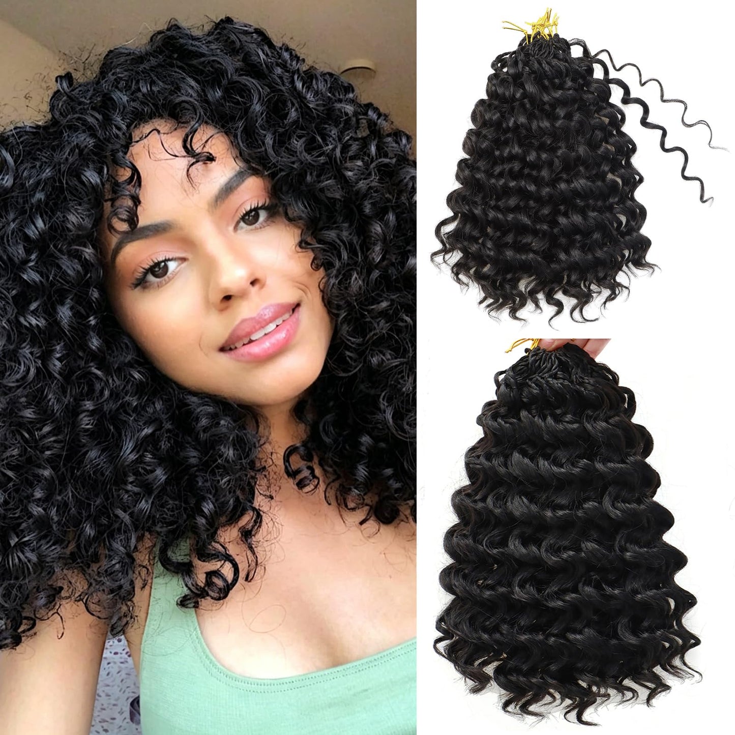 Black Curly Crochet Hair 8 Packs Boho Ocean Wave Crochet Hair 10Inch Synthetic Pre Looped Deep Water Wave Beach Curl Braiding Hair for Black Women (10 Inch,1B#)
