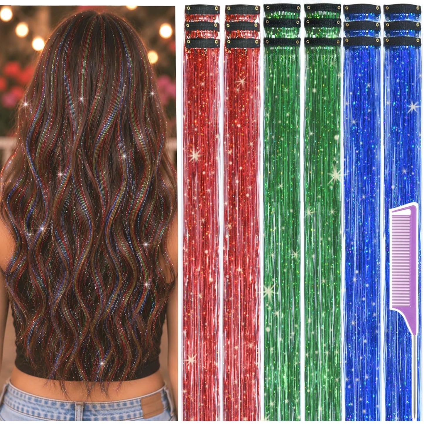 Hair Tinsel Extensions - 22 Inch Glitter Clip-In Kit for Women & Girls | 18 Pcs Red, Blue, Green