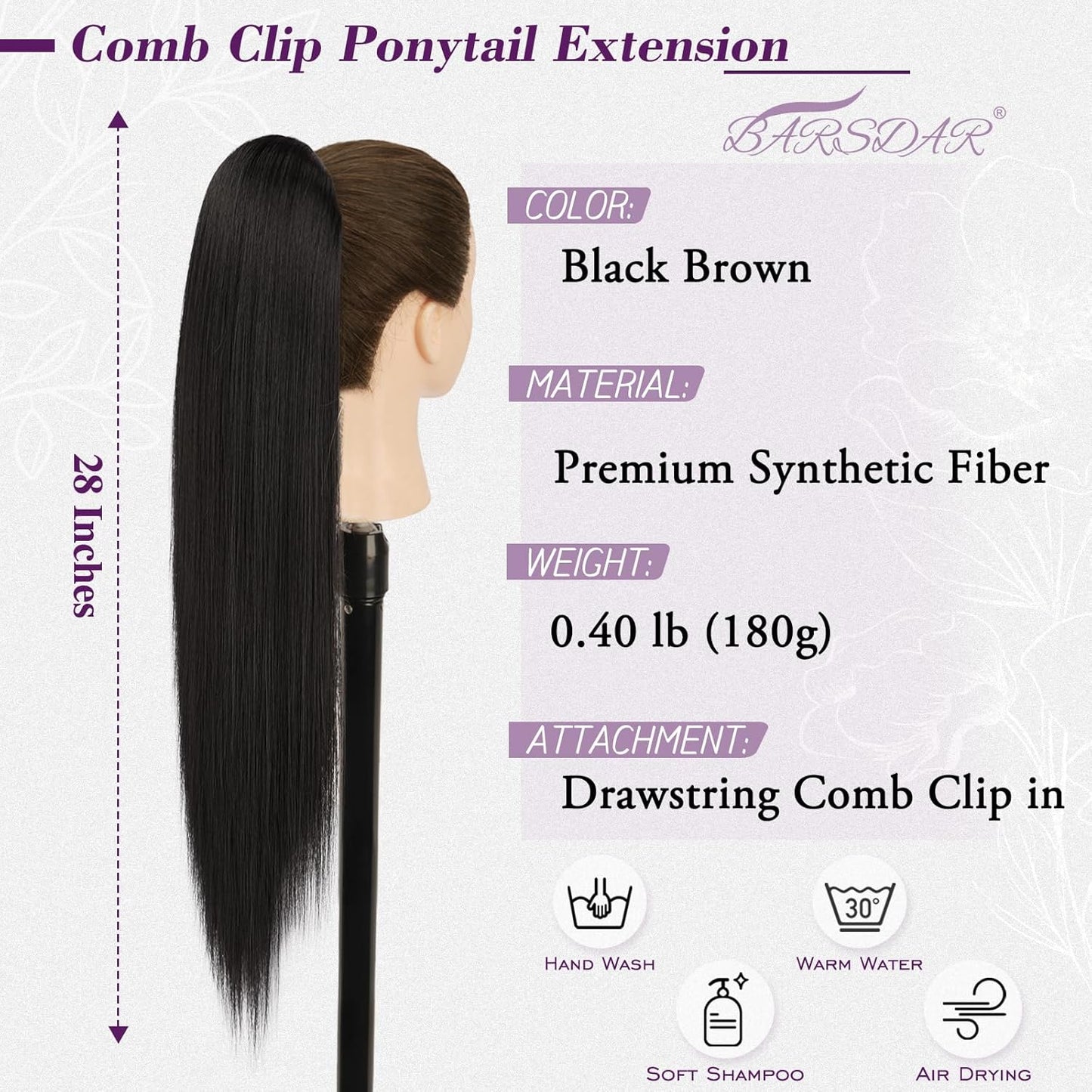Black Brown Straight Drawstring Ponytail Extension - 28 Inch Natural-Looking Soft Synthetic Hairpiece for Daily & Party Wear