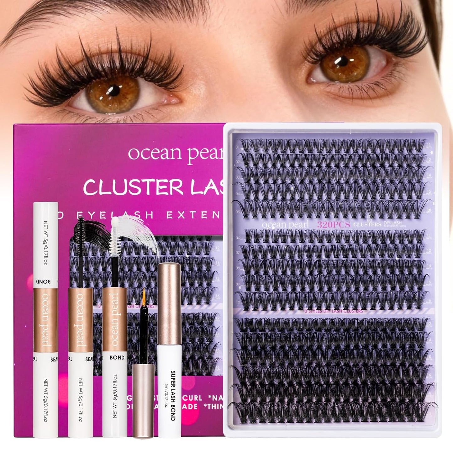 Ocean Pearl Lash Clusters - 320 Pcs 11-20mm Eyelash Extension Kit | 40D, 50D, 100D with Adhesive & Tweezers